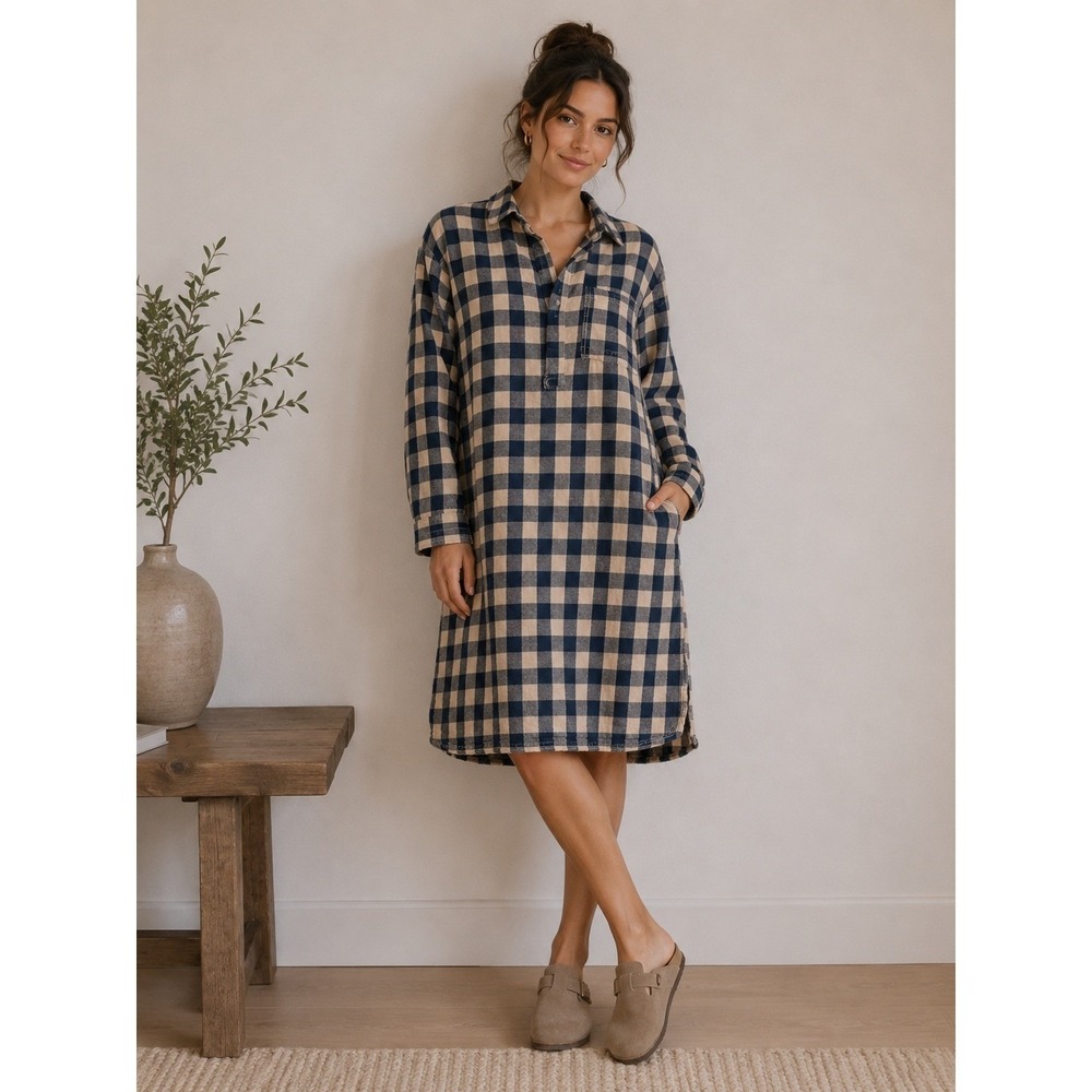 Trovata Birds of Paradis Shirt Dress Womens Medium‎ Blue Tan Meghan Henley Plaid